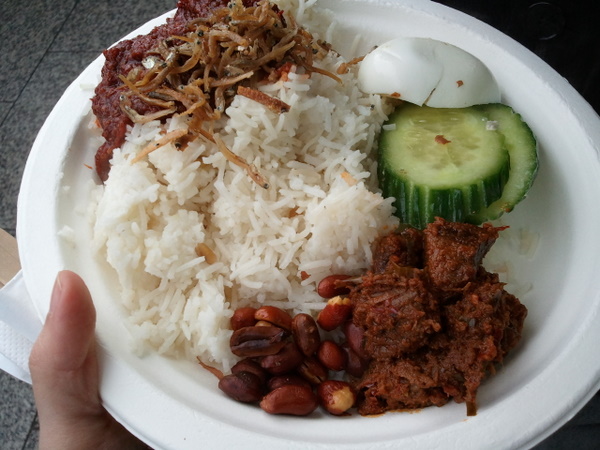 Nasi lemak with beef rendang