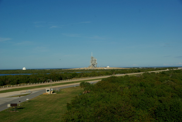 A shuttle launch pad in the distance